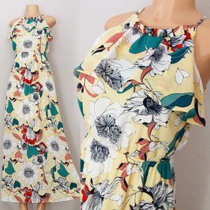 NEW Yellow Floral Flounce Ruffle Halter Maxi Dress